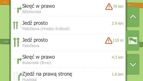 1. Stuknij, aby przełączyć na ekran Zakręty. 2. Gdy na trasie wystąpi zdarzenie, część trasy, której ono dotyczy zostanie zaznaczona ikoną zdarzenia. 3. Stuknij część, która ma być uniknięta. 4.