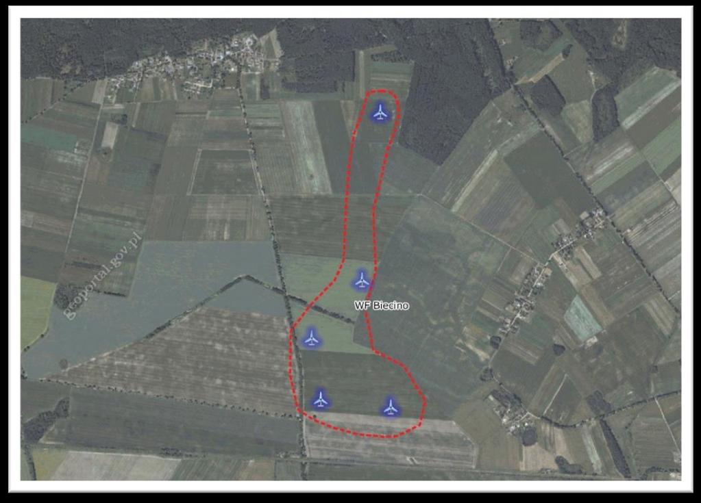 czerwoną linią Rysunek 4 Lokalizacje WTG (oznaczone niebieskimi