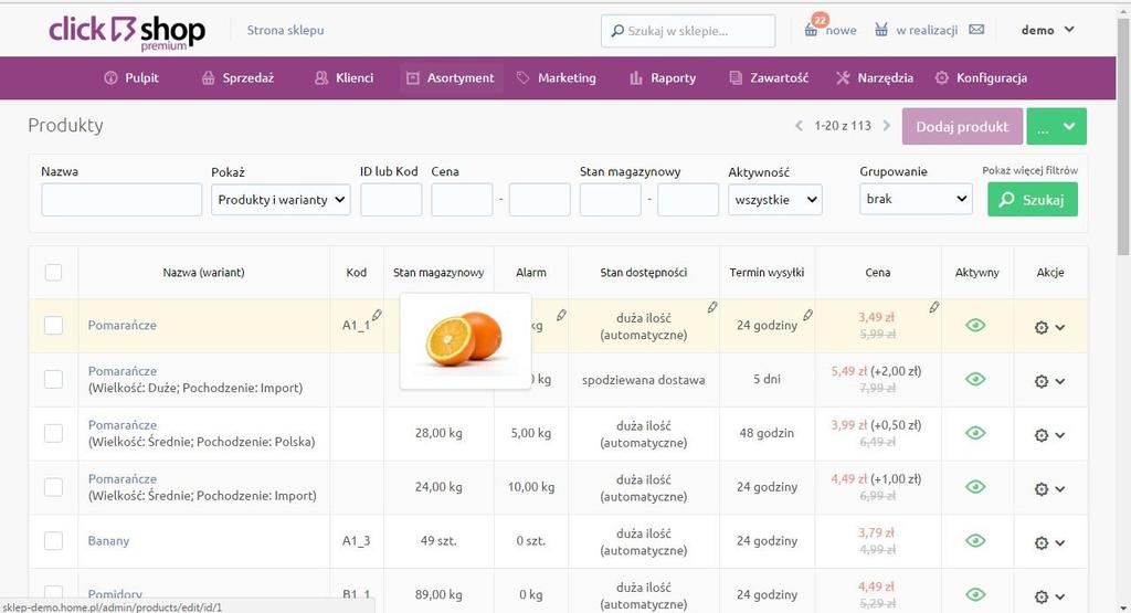 2. Z listy produktów wybieramy produkt, który chcemy opisać parametrami GS1