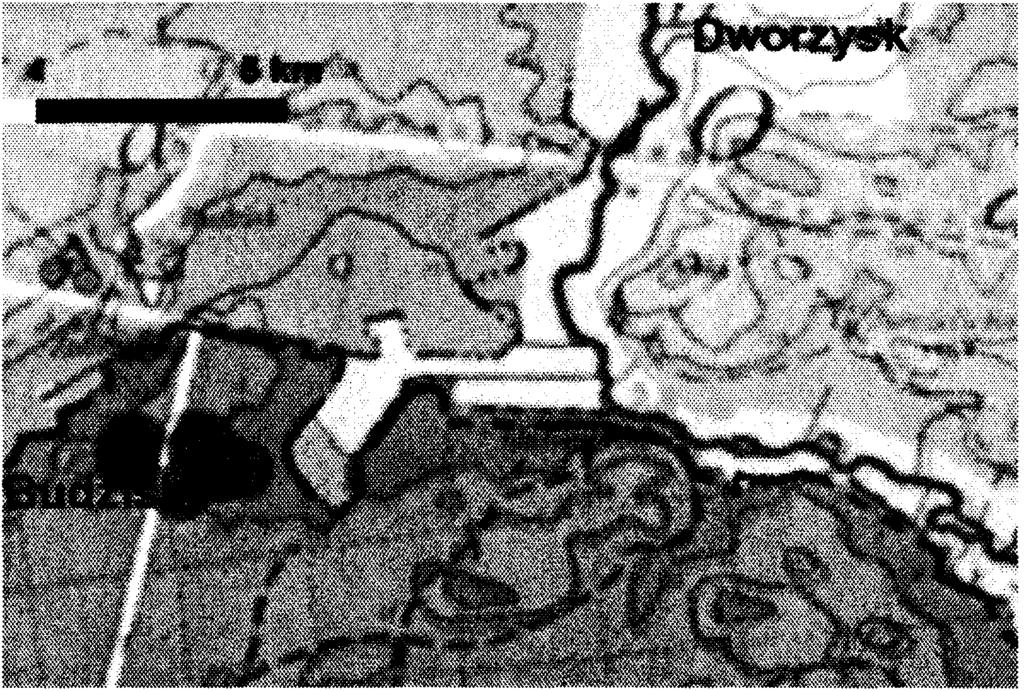 POWSTANIE STYCZNIOWE W PUSZCZY KNYSZYŃSKIEJ I SUPRAŚLU 185 Il. 2. Kołami zaznaczono obszar odkrytego obozowiska powstańczego z 1863 r. na tzw. Pólku" w uroczysku Budzisk gm.