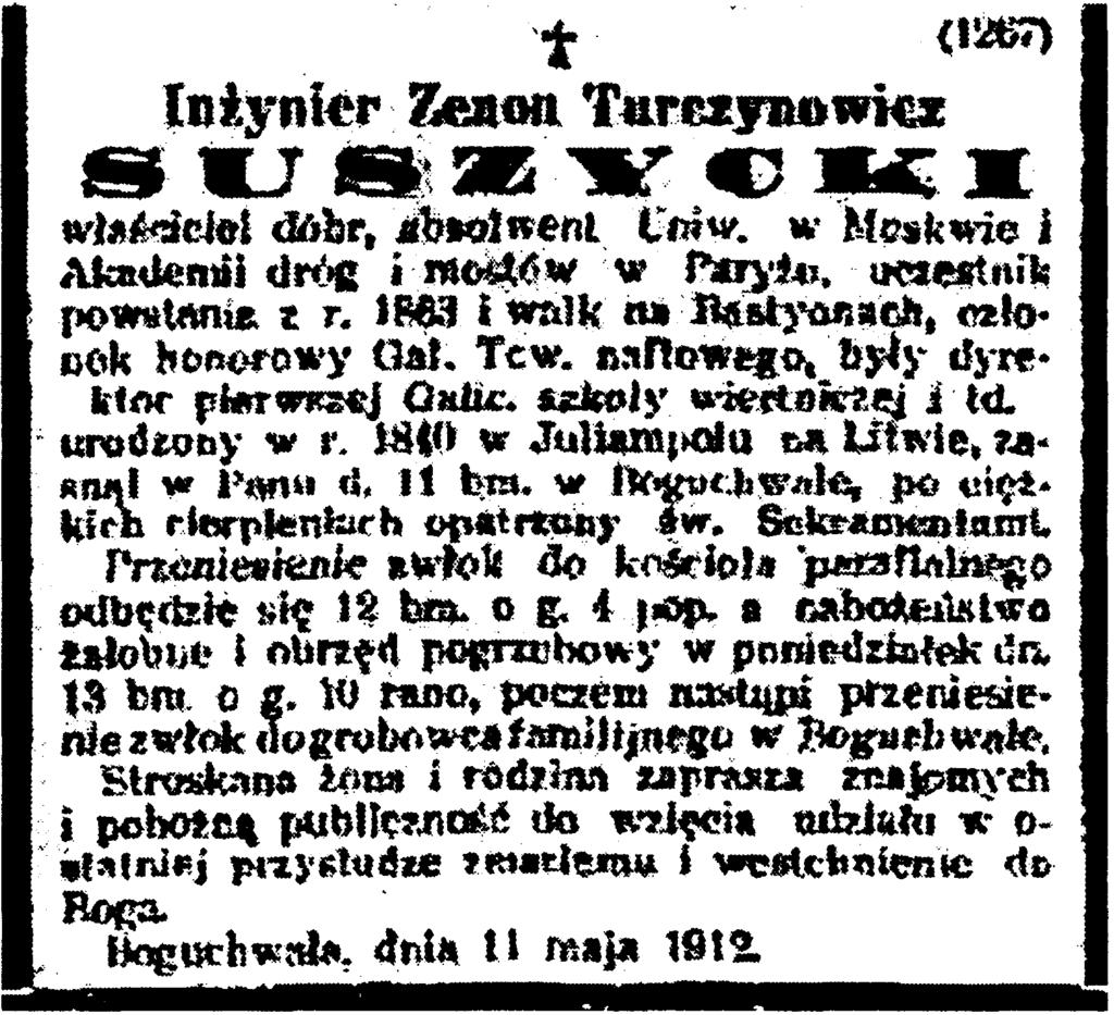 ZENON TURCZYNOWICZ SUSZYCKI (1840-1912) 401 mem zmarłego zamieścił krakowski Czas"59, a w kronice parafialnej jego sylwetkę przypomniał ksiądz Józef Przybyła60 Il. 3.