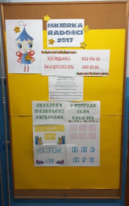 pl/tag/iskierka-radosci/ ), wiadomości wklejane do zeszytów, plakaty rozwieszane w szkole oraz duży plakat przy samym wejściu do szkoły z