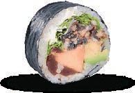 California maki z serkiem, sałatą, łososiem, marynowanymi grzybkami shitake, posypane ziarnami konopi i przypalanym sancho 34