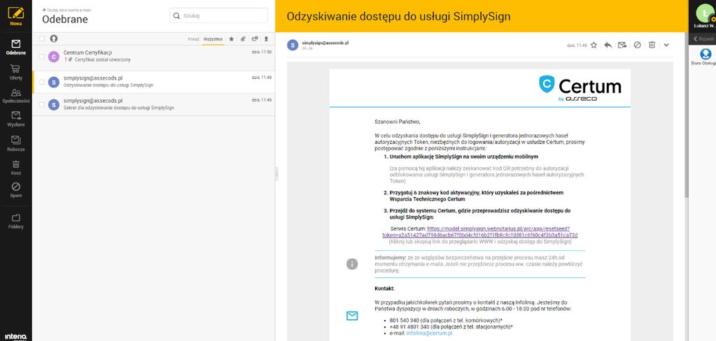 wiadomości pozwalającej odzyskać dostęp do konta SimplySign.