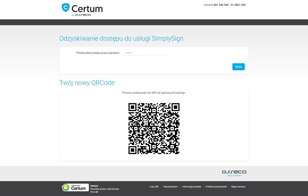 Rysunek 17: Odzyskiwanie dostępu do konta SimplySign uzyskany QR Code/fotokod 5. Podpisywanie w środowisku Windows 5.1. Sprawdzenie dostępu do usługi i wyświetlenie certyfikatów Po odzyskaniu dostępu do usługi, na urządzeniu przenośnym, w aplikacji SimplySign generowany jest tzw.