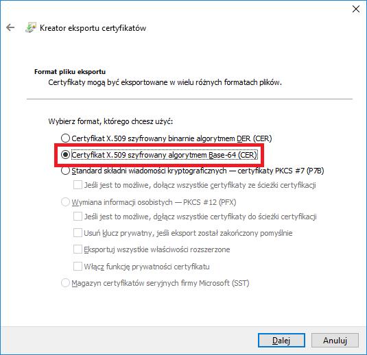Rysunek 29: kreator eksportu certyfikatu Następnie należy nacisnąć przycisk Dalej.