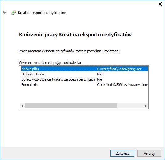Rysunek 33: kreator eksportu certyfikatu zdefiniowana lokalizacja certyfikatu Należy nacisnąć przycisk Dalej.