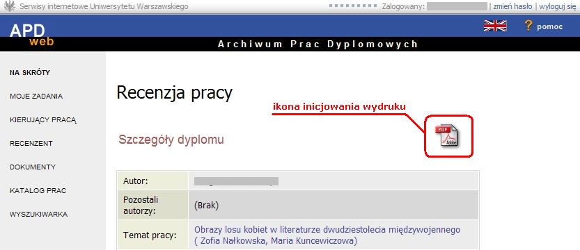 Rysunek 14: Inicjowanie wydruku recencji Po kliknięciu w ikonę PDF (rys.