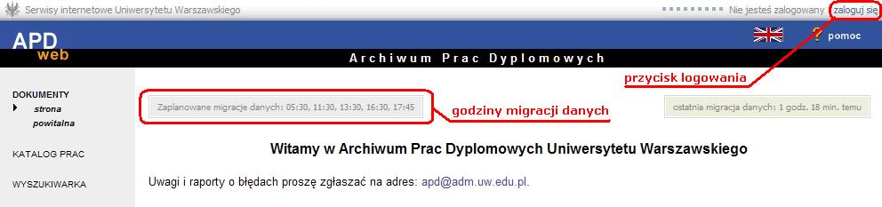 Mimo nierozpoznania certyfikatu przez przeglądarkę należy zezwolić na otwarcie strony. Ukaże się strona startowa APD (rys.