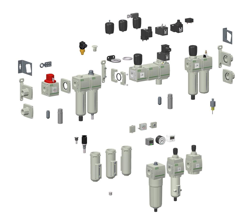 Serie,, ASCO Numatics przegląd aluminiowych układów przygotowania powietrza Siłownik ciśnienia różnicowego Pokrętła Sterowanie elektromagnetyczne zaworami Filtroregulator Boczny wspornik montażowy