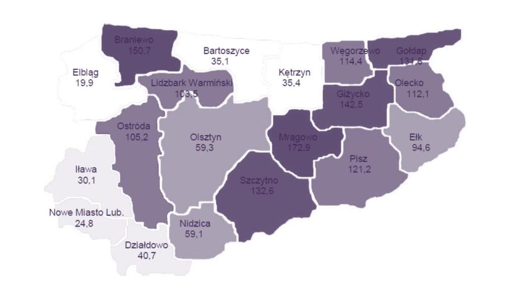 Rycina 7. Zapadalność na boreliozę (A69.2) w województwie warmińsko-mazurskim w 2015 r., liczona na 100 tys. mieszkańców według stanu ludności na 31.12.2014 r. Źródło: WSSE w Olsztynie.