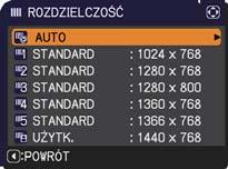Menu WEJŚCIE Funkcja ROZDZIELCZOŚĆ Opis Rozdzielczość dla sygnałów wejściowych COMPUTER IN1, COMPUTER IN2 może być ustawiana na projektorze.