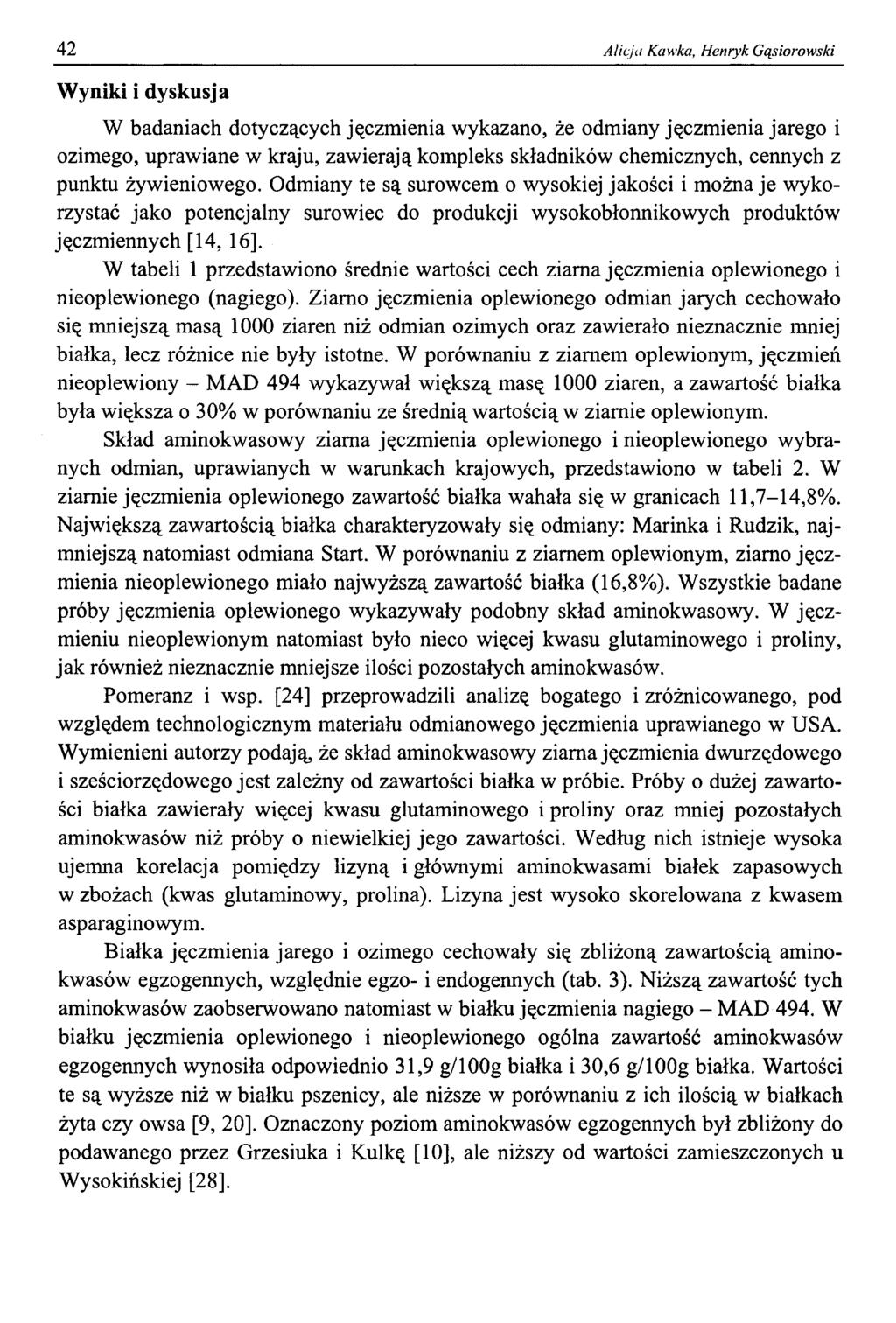 42 Alicja Kawka, Henryk Gąsiorowski Wyniki i dyskusja W badaniach dotyczących jęczmienia wykazano, że odmiany jęczmienia jarego i ozimego, uprawiane w kraju, zawierają kompleks składników