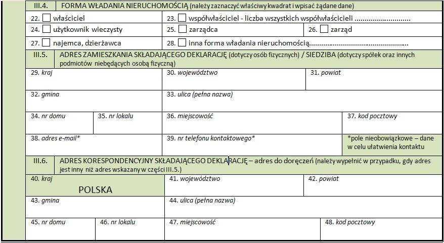 \ POLA JASNE WYPEŁNIA WŁAŚCICIEL NIERUCHOMOŚCI, POLA CIEMNE URZĄD. WYPEŁNIĆ NA MASZYNIE, KOMPUTEROWO LUB RĘCZNIE, IV.