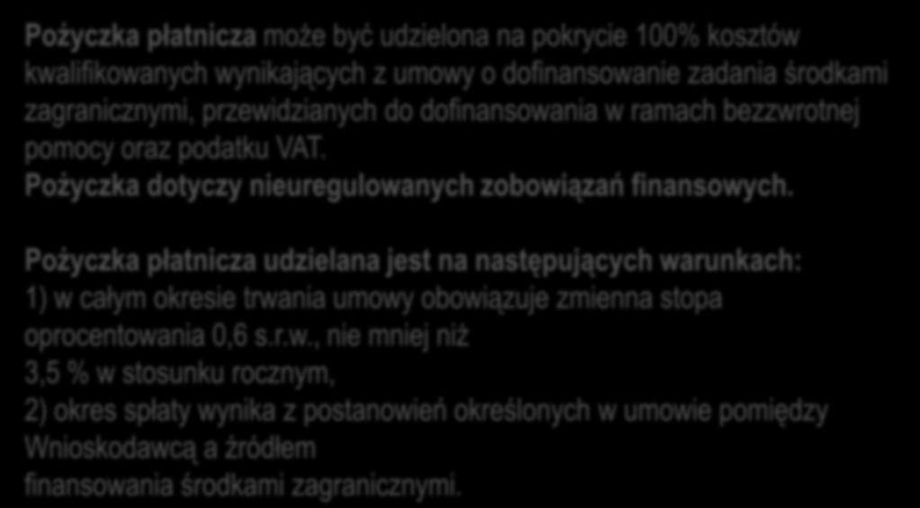 Program udzielania dofinansowania w roku 2018 w formie pożyczek płatniczych Pożyczka płatnicza może być udzielona na pokrycie 100% kosztów kwalifikowanych wynikających z umowy o dofinansowanie