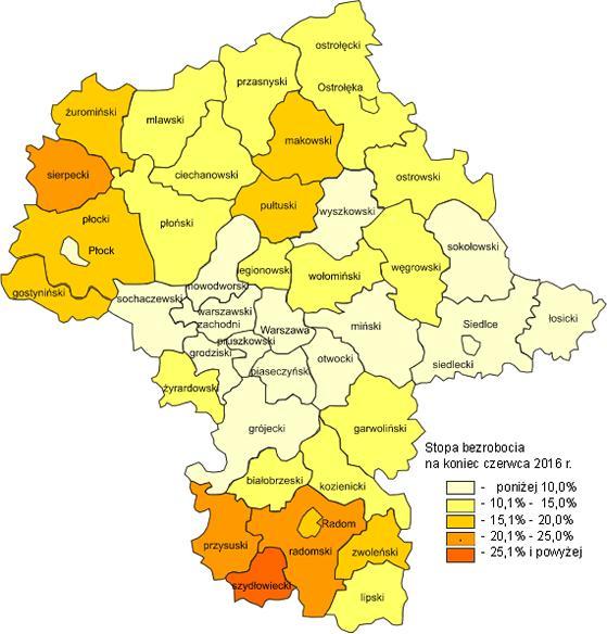 Rysunek 1 Stopa bezrobocia na koniec czerwca Źródło: opracowanie GUS Bezrobotni oraz stopa bezrobocia według województw, podregionów i powiatów czerwiec Spadek stopy bezrobocia odnotowano w 42