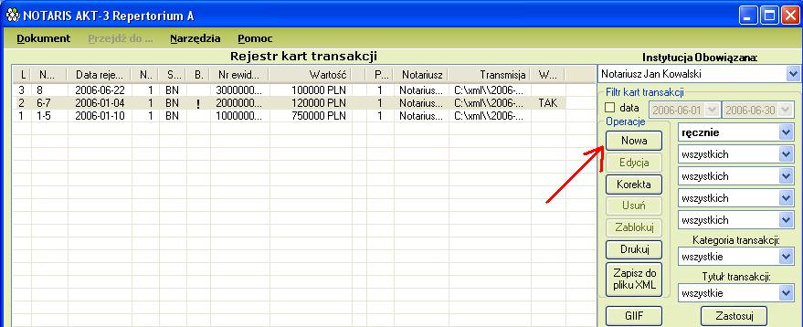 Rysunek 2 Aby rozpocząć wprowadzanie karty transakcji należy użyć przycisków: (tryb współpracy z Repertorium A) lub (tryb tylko GIIF ) - ukaże się wówczas