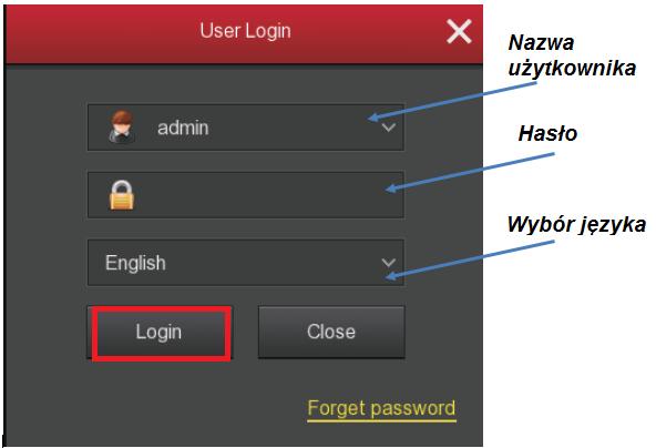 LOGOWANIE DO SYSTEMU Po podłączeniu nagrywarki NVR do zasilania na podłączonym monitorze powinno pokazać się okno logowania do systemu.