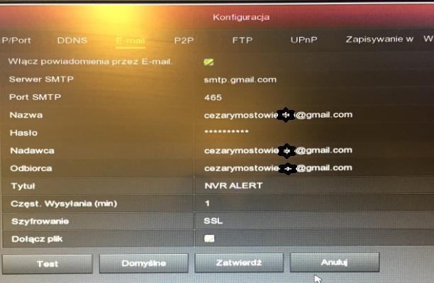 Aby skonfigurować maila, należy wybrać kolejno: [Menu Główne] -> [Konfiguracja] -> [Sieć] -> [Email], następnie włączyć powiadomienia zaznaczając zieloną ikonę [ ].