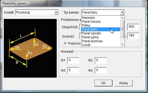 4. Dodawanie mebli Blat, cokół, formatki, dekoracje W celu umieszczenia w projekcie formatek, półek, czy paneli dekoracyjnych, należy skorzystać z opcji Panel.
