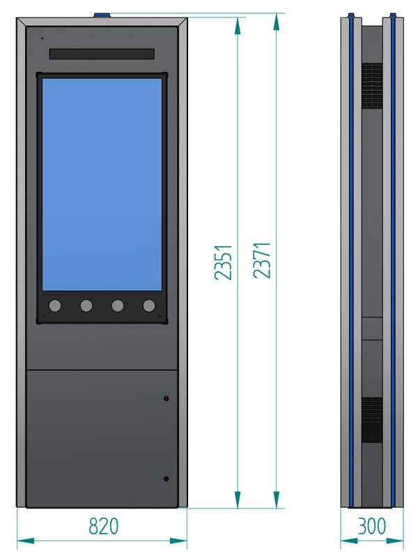 Infokiosk wyposażony jest w moduł alarmowy powiązany z czujnikami otwarcia drzwi, wstrząsu, zbicia szyby, syreną alarmową oraz sygnalizatorem optycznym, umieszczonym na górnej ścianie urządzenia.