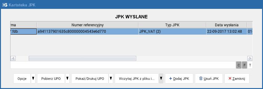 Kartoteka JPK W kartotece plików JPK mamy dostęp do wszystkich wysłanych plików, z tego poziomu jest również możliwe pobranie Urzędowego Potwierdzenia Odbioru (UPO).