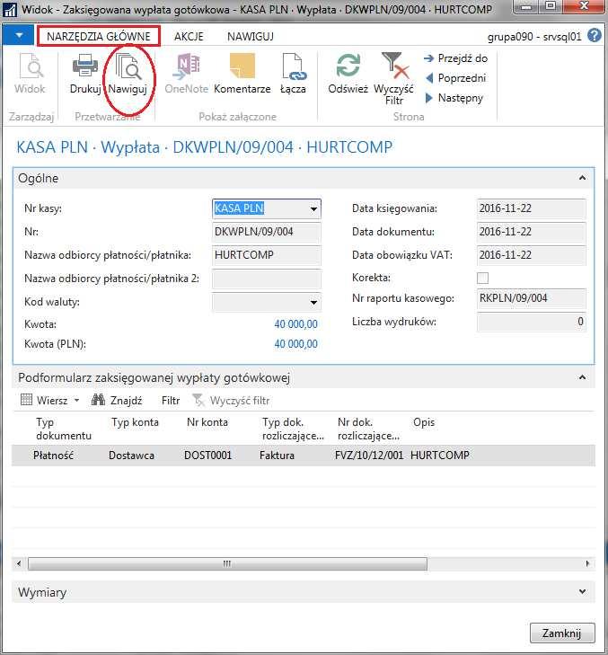 Dla zaksięgowanej wypłaty gotówkowej warto obejrzeć jakie powstały zapisy księgi głównej: Menu DziałyZarządzanie FinansamiZarządzanie kasą