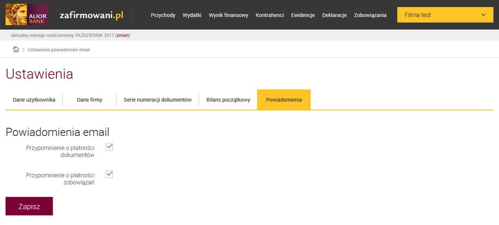 W zakładce Powiadomienia możesz dokonać wyboru czy chcesz otrzymywać e- maile przypominające o zbliżających terminach płatności
