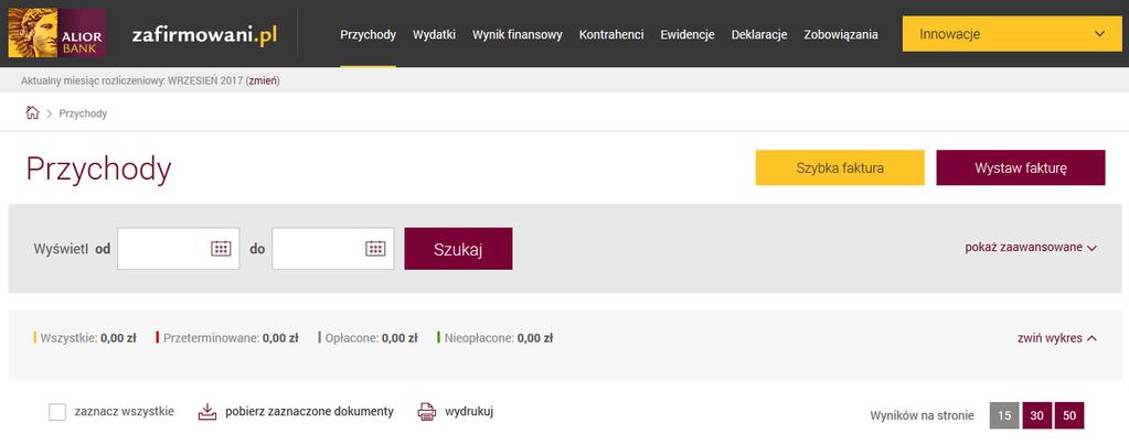 W zakładce Przychody możesz wystawić nową jak również przeglądać dotychczas wystawione faktury *Aby wyświetlić