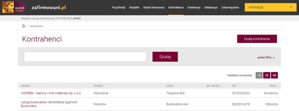 Moduł Kontrahenci W tym miejscu masz możliwość dodawania kontrahentów, których dane będą wykorzystywane na wystawianych fakturach czy też
