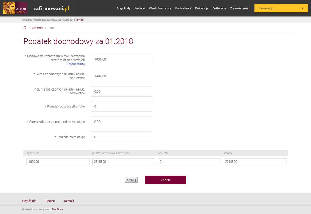 Klikając Zapisz przechodzisz do szczegółowych danych z deklaracji PIT 5 za poszczególne miesiące. Masz również możliwość ich wydrukowania. *Suma zapłaconych składek na ub.