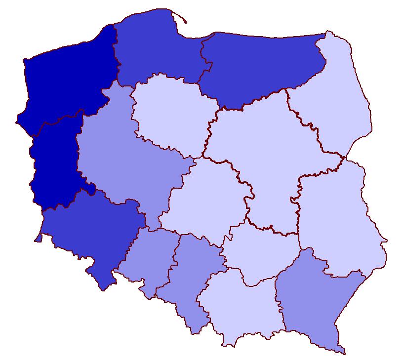 Udział gruntów należących do Skarbu Państwa w ogólnej powierzchni województw 50% do 56% (2) 40% do 50% (3) 30% do 40% (4) 17% do 30% (7) (w nawiasie podano liczbę