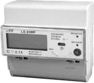 E-03MP FUKCJE * pomiar bezpośredni s 60A * wskazanie kwh/kvar parametry sieci * prepaid (przedpłata) * zgodność z VD * protokół * 3 400V 5A 60A prąd minimalny 0,02A pobór własny licznika <10VA; <1,5W