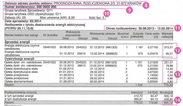 8 9 10 11 12 13 14 Faktura za energię elektryczną - TAURON Adres punktu poboru energii, czyli miejsca, gdzie zainstalowany jest licznik, którego dotyczy rozliczenie Numer ewidencyjny to indywidualny