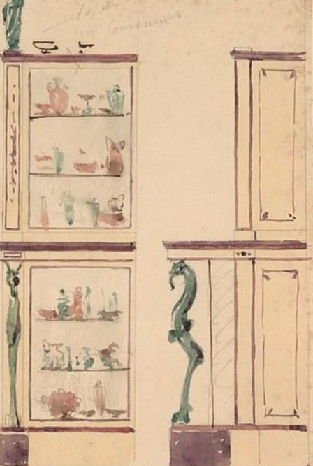 Il. 19. Jean-Demosthene Dugourc, projekt przeszklonej witryny - serwantki z kolekcją antycznych naczyń, zbiory MET, NYC; źródło: Wikimedia Commons.