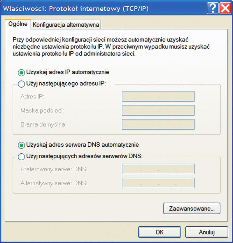 Krok 5: Przejdź do zakładki Ogólne, zaznacz Uzyskaj adres IP automatycznie oraz Uzyskaj adres serwera DNS automatycznie i naciśnij OK.