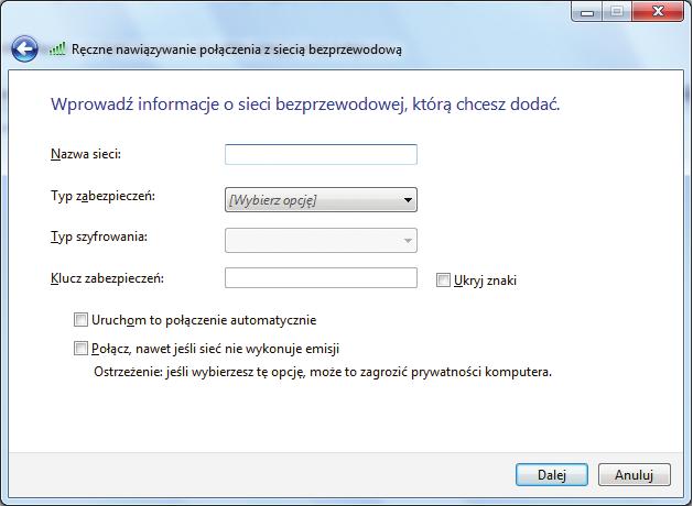 Pojawi się okno konfiguracji sieci bezprzewodowej. Krok 6: Wypełnij pozycje następująco: Nazwa sieci wpisz nazwę sieci podaną podczas konfiguracji modemu VDSL2 w polu SSID.