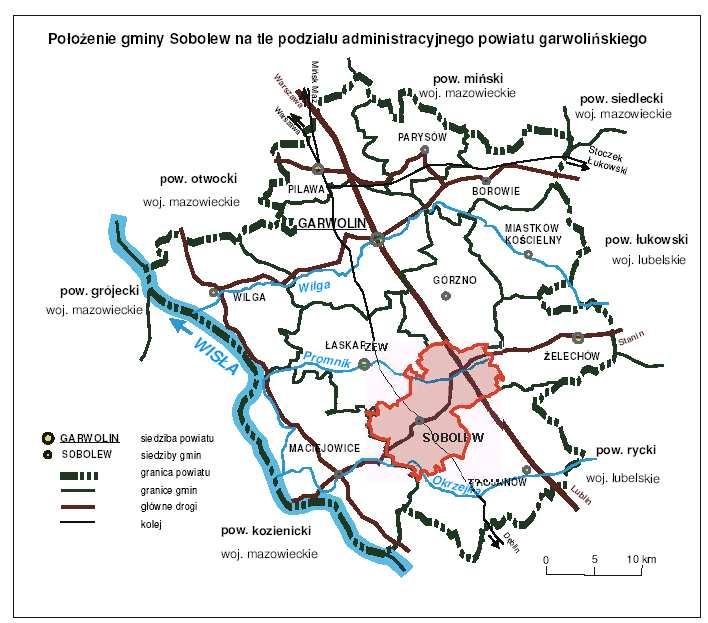 1.Gmina i okolice 1.1.Plan rozwoju lokalnego dla Gminy Sobolew 2 (nr 8a) 1.1.1.AKTUALNA SYTUACJA SPOŁECZNO - GOSPODARCZA NA OBSZARZE OBJĘTYM WDRAśANIEM PLANU 3. 1.1.1.1. PołoŜenie i powierzchnia Gminy Sobolew Gmina Sobolew leŝy w południowo-wschodniej części województwa mazowieckiego w powiecie garwolińskim, w odległości ok.