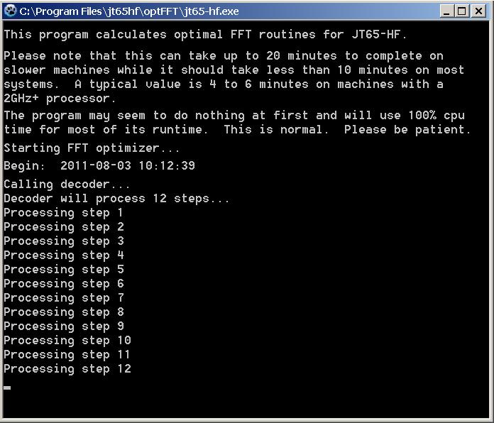 Po zamknięciu programu instalacyjnego następuje automatyczne uruchomienie programu znajdującego się w folderze \optfft o nazwie jt65-hf.exe.