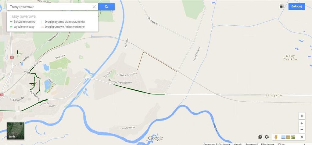 Rysunek 23. Drogi rowerowe w Koninie fragment wschodni. Źródło: Google Maps, Aktualizacja 23/10/2014 r.