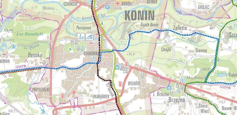 Rysunek 25. Znakowane turystyczne drogi rowerowe w Koninie fragment południowy i centralny. Źródło: "Mapa turystyczna Powiatu Konińskiego" wyd. I, 2013 r.