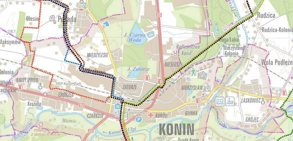 Rysunek 26. Znakowane turystyczne drogi rowerowe w Koninie oś wschód - zachód. Źródło: "Mapa turystyczna Powiatu Konińskiego" wyd. I, 2013 r.
