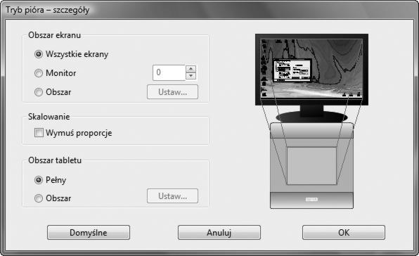 30 Kliknięcie przycisku TRYB PIÓRA SZCZEGÓŁY..., spowoduje wyświetlenie okna dialogowego TRYB PIÓRA SZCZEGÓŁY. Opcje OBSZAR EKRANU pozwalają wybrać obszar ekranu dla funkcji mapowania tablet-ekran.