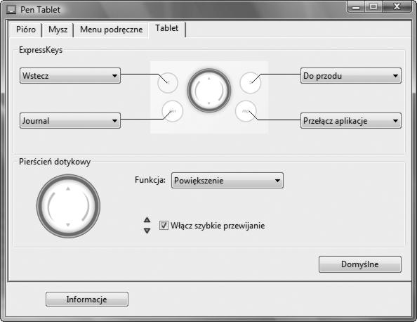 33 USTAWIENIA WŁASNE FUNKCJI TABLETU Karta TABLET umożliwia dostosowanie przycisków ExpressKeys oraz pierścienia dotykowego.