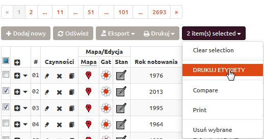 Zaznaczone rekordy Eksport wszystkich lub wybranych excel (trzeba zezwolić na otwarcie pliku) Drukowanie wszystkich wybranych danych lub bieżącej
