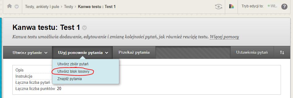 Aby dołączyć do testu pytania, które znajdują się w innym teście lub puli pytań wybieramy Użyj ponownie pytania, a następnie Znajdź pytania.