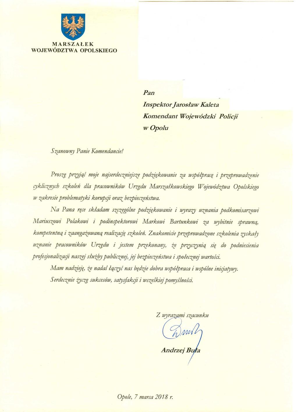 Podziękowanie za współpracę przy organizacji szkolenia w zakresie zagrożeń w sieci dla funkcjonariusza z Wydziału do walki z