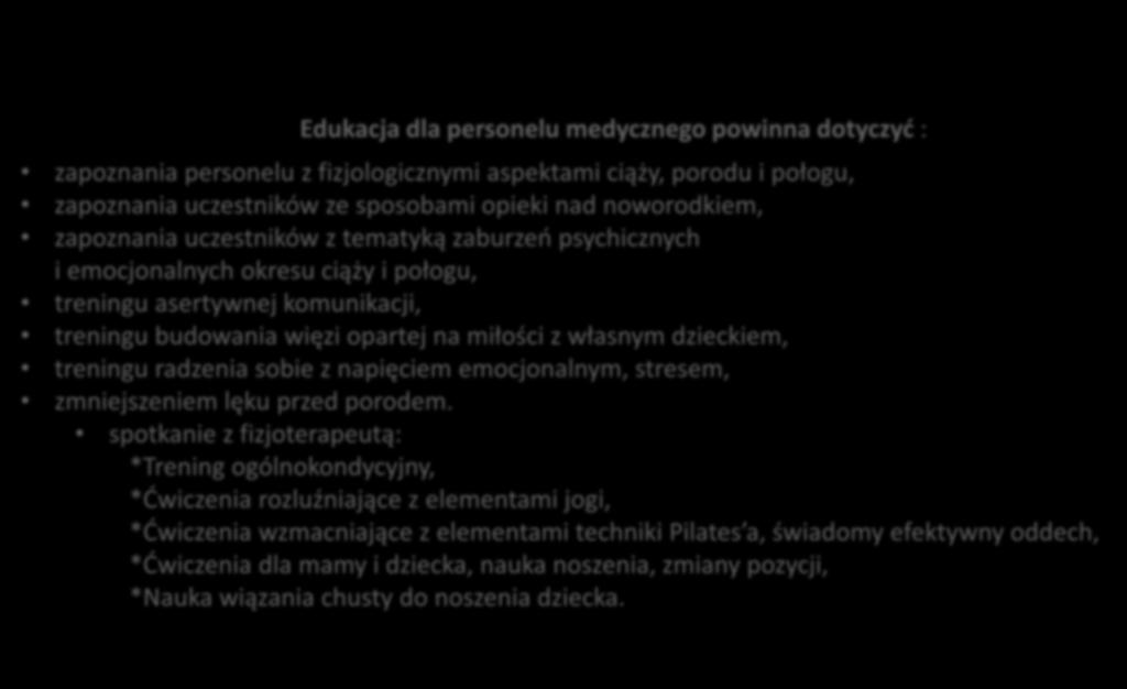 Moduł przekrojowy działania edukacyjne dla personelu medycznego, w tym POZ Edukacja dla personelu medycznego powinna dotyczyć : zapoznania personelu z fizjologicznymi aspektami ciąży, porodu i