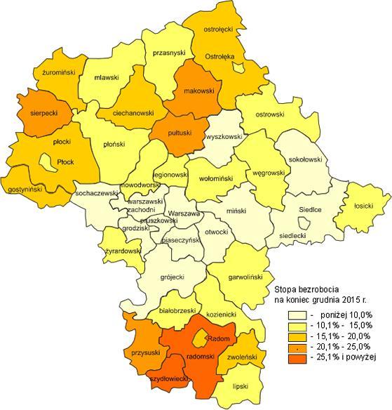 Najniższą stopą bezrobocia wyróżniały się miasta: Warszawa 3,4% i Siedlce 7,7% oraz powiaty: warszawski zachodni 4,4%, grójecki 4,5%, grodziski 5,7%, pruszkowski 6,4%, piaseczyński 6,6% oraz otwocki