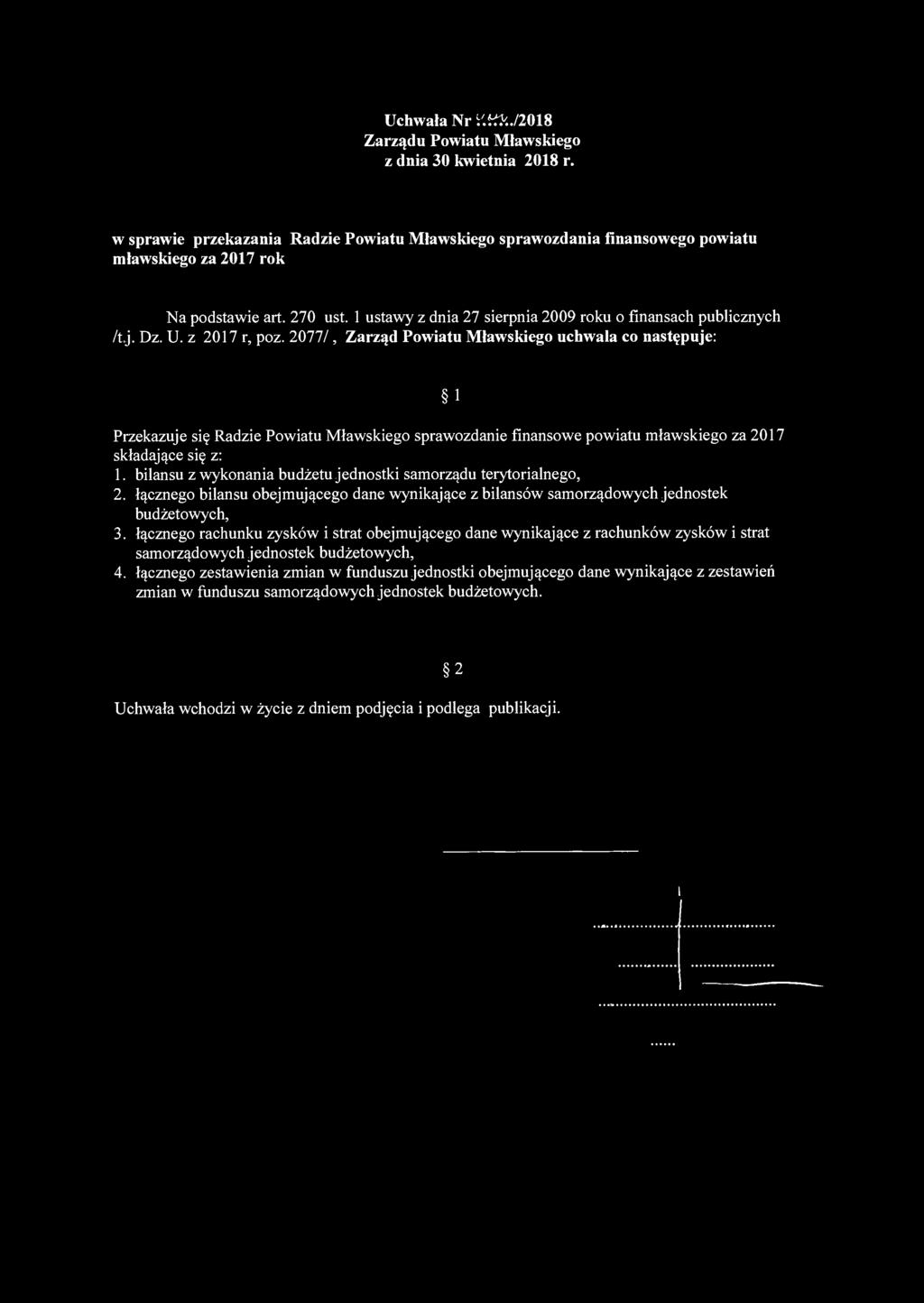 2077/, Zarząd Powiatu Mławskiego uchwala co następuje: 1 Przekazuje się Radzie Powiatu Mławskiego sprawozdanie finansowe powiatu mławskiego za 2017 składające się z: 1.